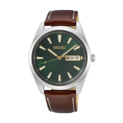 SEIKO SUR449P1 DAY/DATE FUNCTION BROWN LEATHER STRAP MEN WATCH